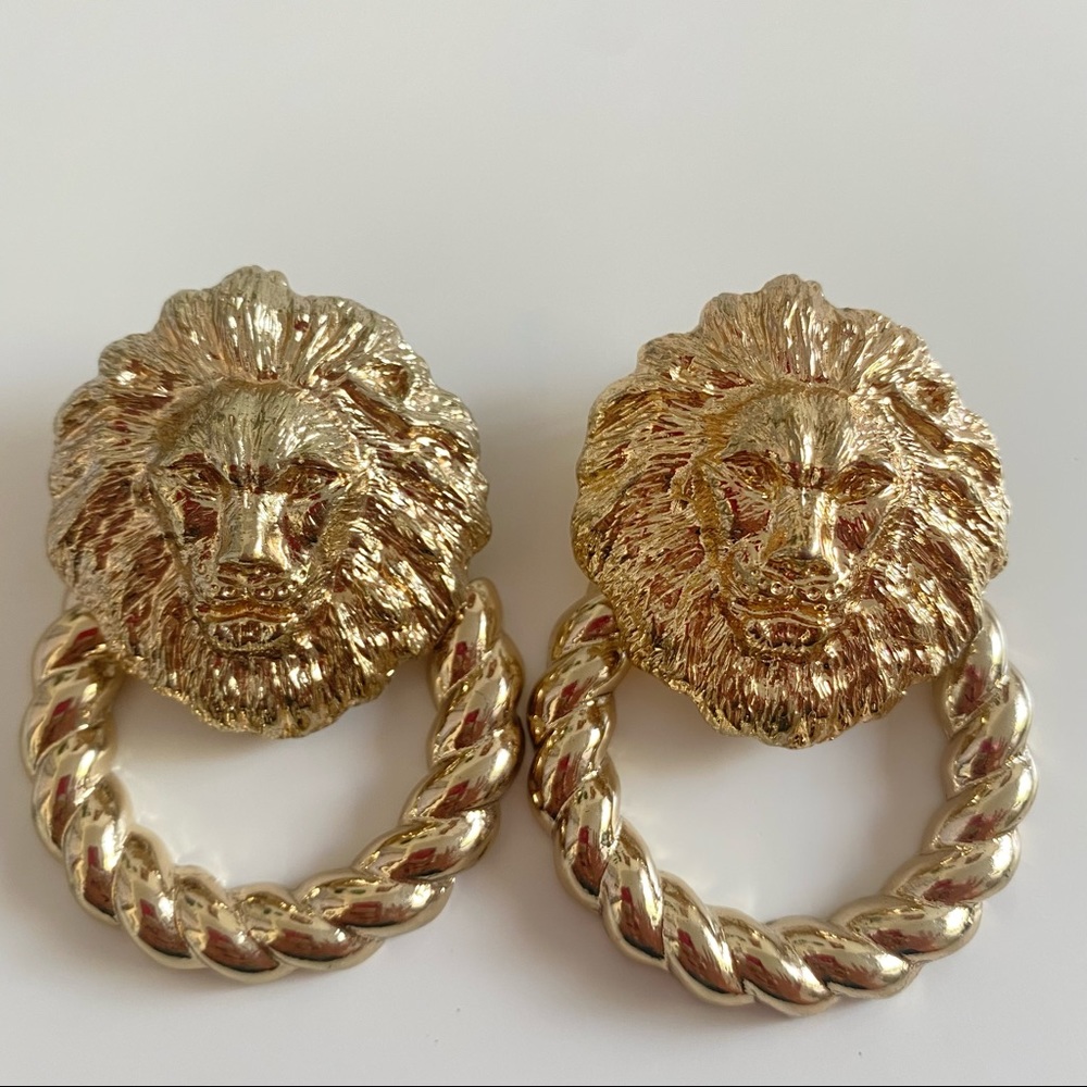 Melody Ehsani vintage gold lion door knocker earrings